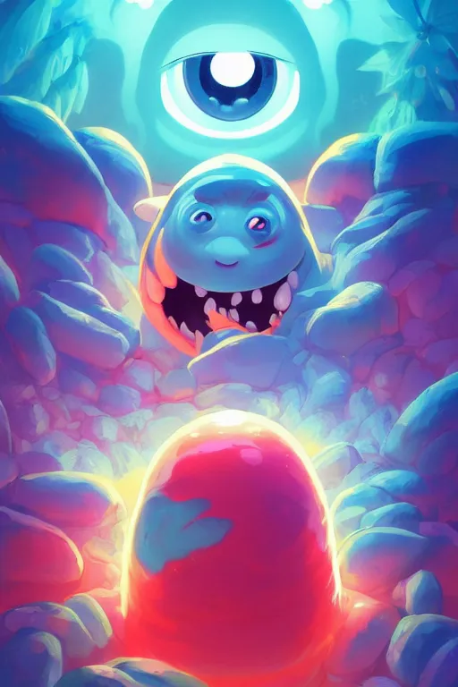 Image similar to smurf ghost creature animal sushi cristal very big eye roots cactus elemental flush of force nature micro world fluo fishscale, behance hd by jesper ejsing, by rhads, makoto shinkai and lois van baarle, ilya kuvshinov, rossdraws radiating a glowing aura global illumination ray tracing hdr