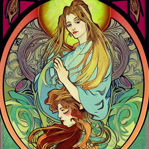 Image similar to a painting in the style of ayami kojima and in the style of alphonse mucha.