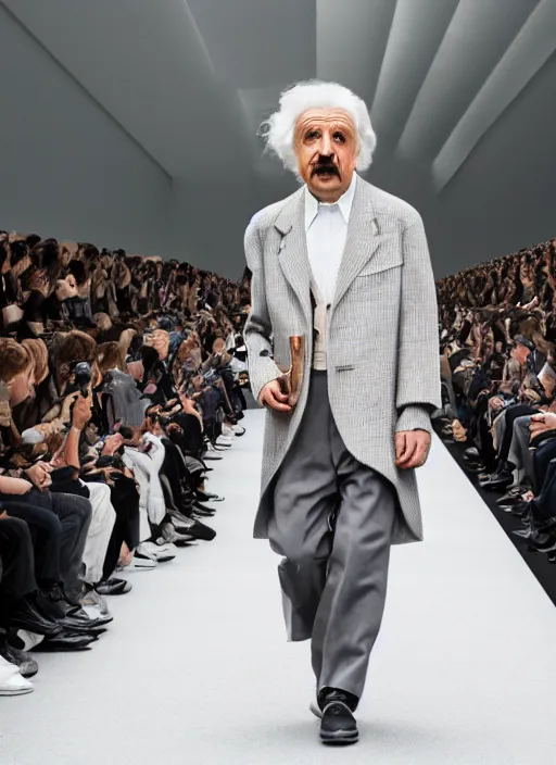 Prompt: hyperrealistic and heavy detailed louis vuitton runway show of albert einstein, leica sl 2 5 0 mm, vivid color, high quality, high textured, real life