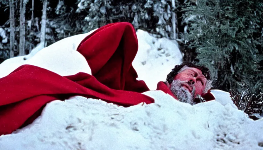 Prompt: 1 9 6 0 s movie still close up of marcus aurelius tired in a royal amor with red cape frozen to death under the snow by the side of a river with gravel, pine forests, cinestill 8 0 0 t 3 5 mm, high quality, heavy grain, high detail, texture, dramatic light, anamorphic, hyperrealistic, detailed hair, foggy