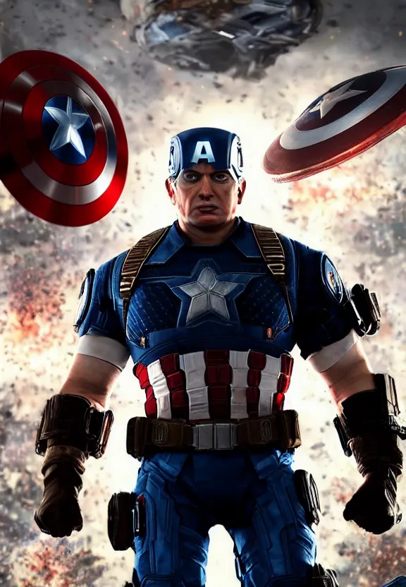 Image similar to Portrait of Donald Trump as captain america in Gears of War, splash art, movie still, cinematic lighting, dramatic, octane render, long lens, shallow depth of field, bokeh, anamorphic lens flare, 8k, hyper detailed, 35mm film grain