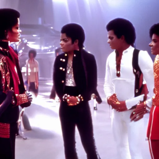 Prompt: michael jackson talking to the jacksons 5 michael jackson, movie still 8 k hdr atmospheric lighting