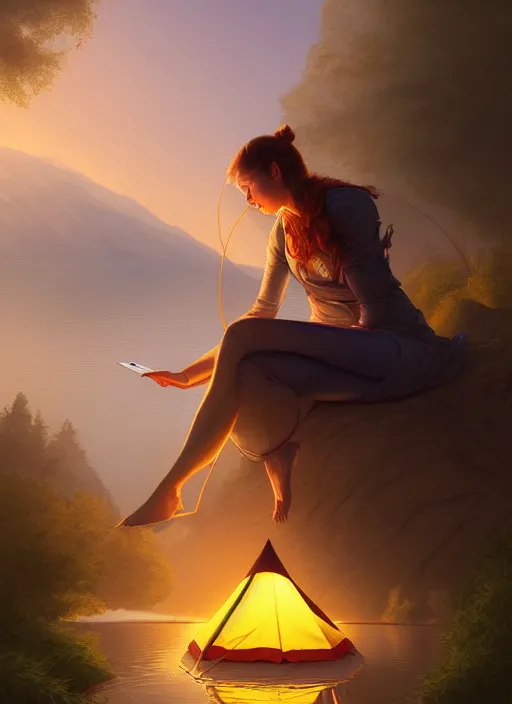 Image similar to full portrait of mage traveller resting at her tent at a lake. intricate, elegant, highly detailed, digital painting, artstation, concept art, smooth, sharp focus, illustration, art by artgerm and greg rutkowski, 4 k