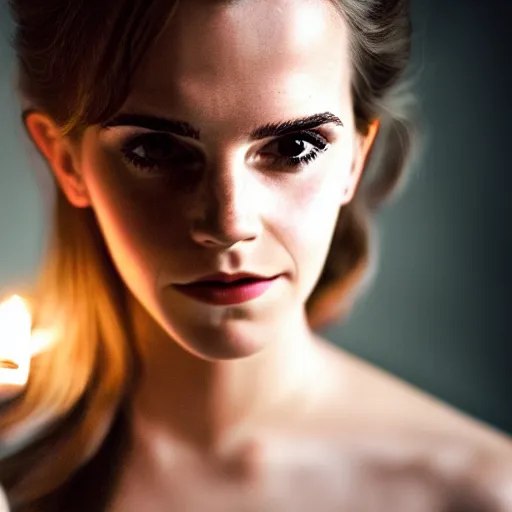 Image similar to colour portrait closeup!! Emma Watson long hair flowing silk robes baroque room candles mirrors cinematic lighting cinematic lighting cinematic lighting stanley kubrick barry lyndon 4k canon 5d mk4