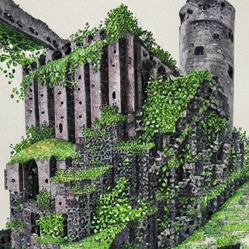 Image similar to ruins of a tower covered in creepers, beautiful, intricate, detailed, watercolour