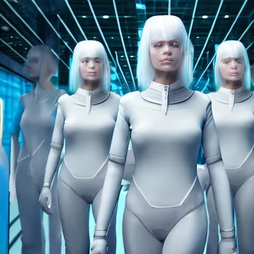 Prompt: troop of cloned women with white apache hairdos, white hair, tight light blue neopren suits, futuristic production facility, sci - fi, highly detailed, cinematic