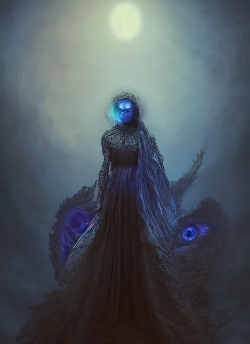 Image similar to Her huge ominous glowing blue eyes staring into my soul , perfect eyes, agostino arrivabene, WLOP, Tomasz strzalkowski, twisted dark lucid dream, 8k portrait render, raven angel wings, beautiful lighting, dark fantasy art, rococo, gold filigree, artstation