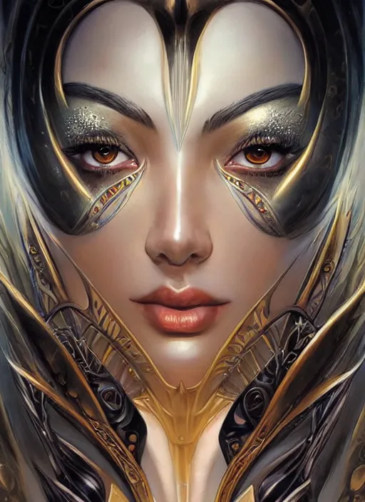 Prompt: a highly detailed symmetrical painting of a female model fantasy amazon with piercing beautiful eyes, trending art by artgerm and karol bak and mark brooks