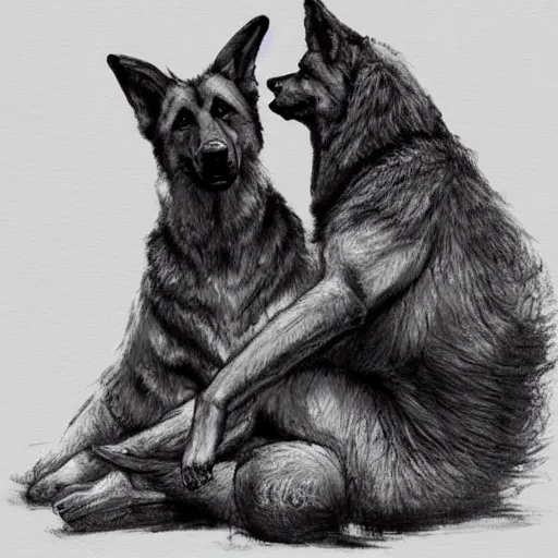 Image similar to two humanoid german shepherds beast - men, sitting on a couch and hugging together, artstation, concept art, smooth, sharp foccus ilustration, artstation