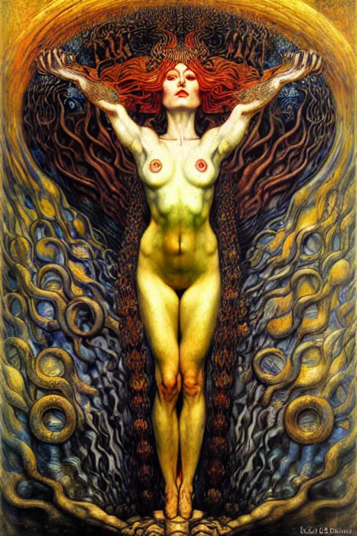 Image similar to Divine Chaos Engine by Karol Bak, Jean Delville, William Blake, Gustav Klimt, and Vincent Van Gogh, symbolist, visionary