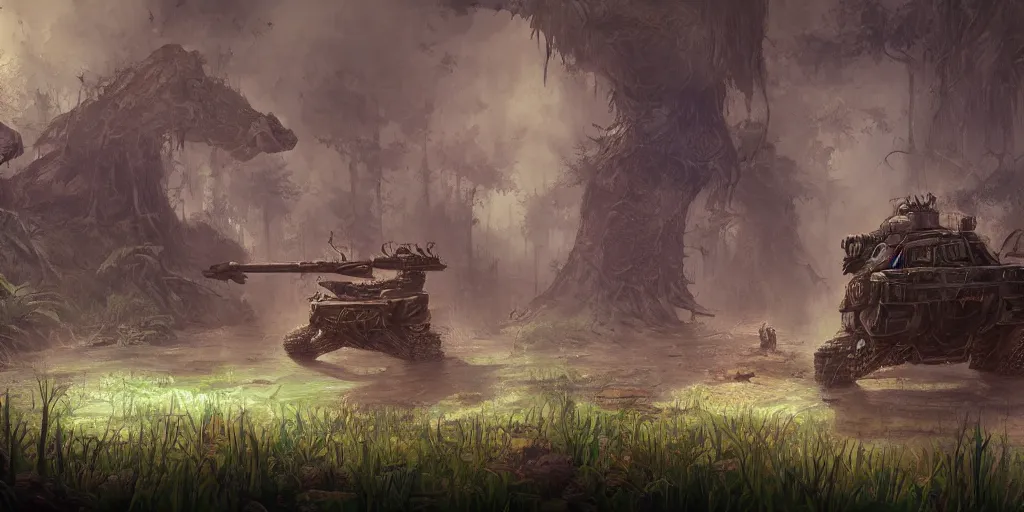 Prompt: guerrillas reed - people fighting giant tank in futuristic spiritual mystical post apocalyptic swampy forest drawn by ron gilbert, dim painterly volumetric aquatic lighting, scenic, beautiful, crisp, artstation, highly detailed