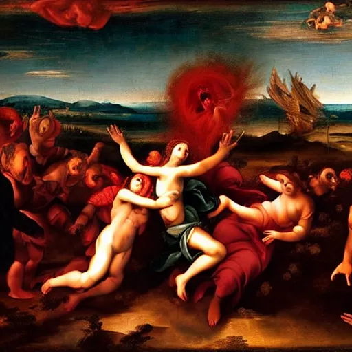 Image similar to Renaissance painting of souls falling from a red cloud into a fiery pit with satan in the middle. dark colors.