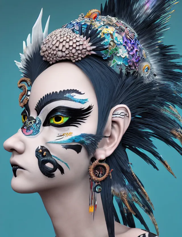 Image similar to 3 d goddess close - up profile portrait punk with mohawk with ram skull. beautiful intricately detailed japanese crow kitsune mask and clasical japanese kimono. betta fish, jellyfish phoenix, bio luminescent, plasma, ice, water, wind, creature, artwork by tooth wu and wlop and beeple and greg rutkowski