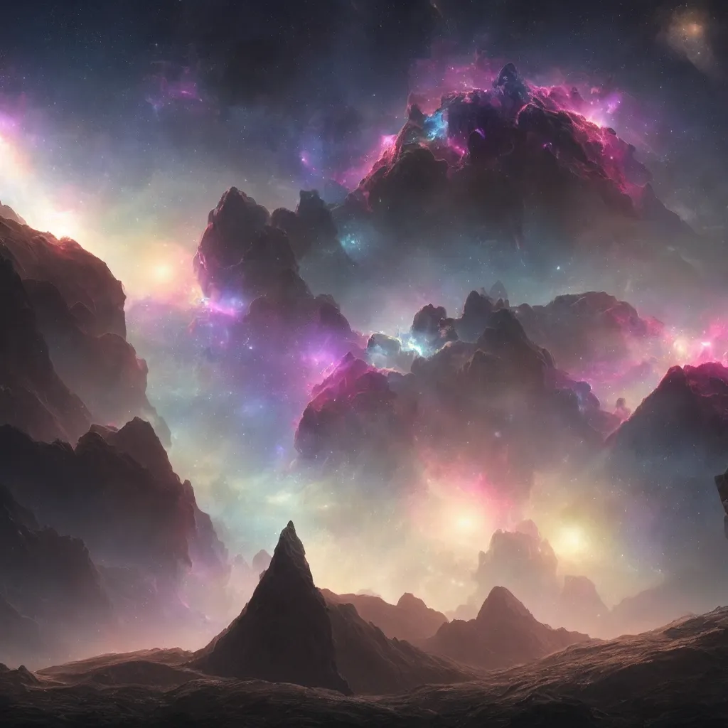 Prompt: A highly detailed 4K fantasy matte painting of a nebula in the sky. Behind mountain silouette, planets, stars, zdzislaw beksinski, ArtStation, CGSociety, Unreal Engine