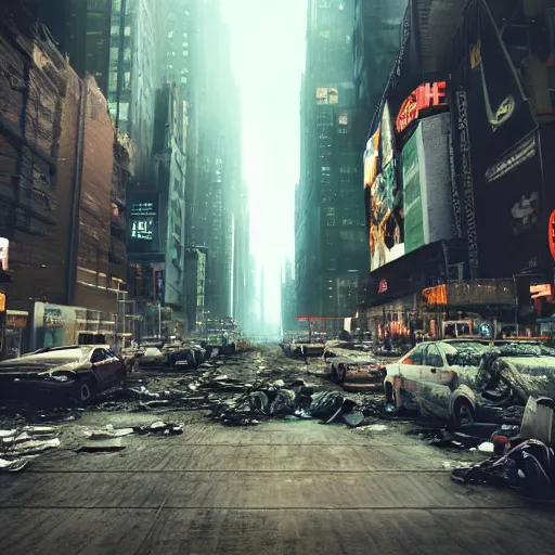 Image similar to photo of new york city as an apocalyptic wasteland, homeless people, cyberpunk style, octane render