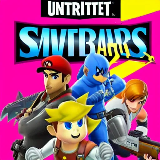 Prompt: super smash bros ultimate but with fortnite characters, cover art