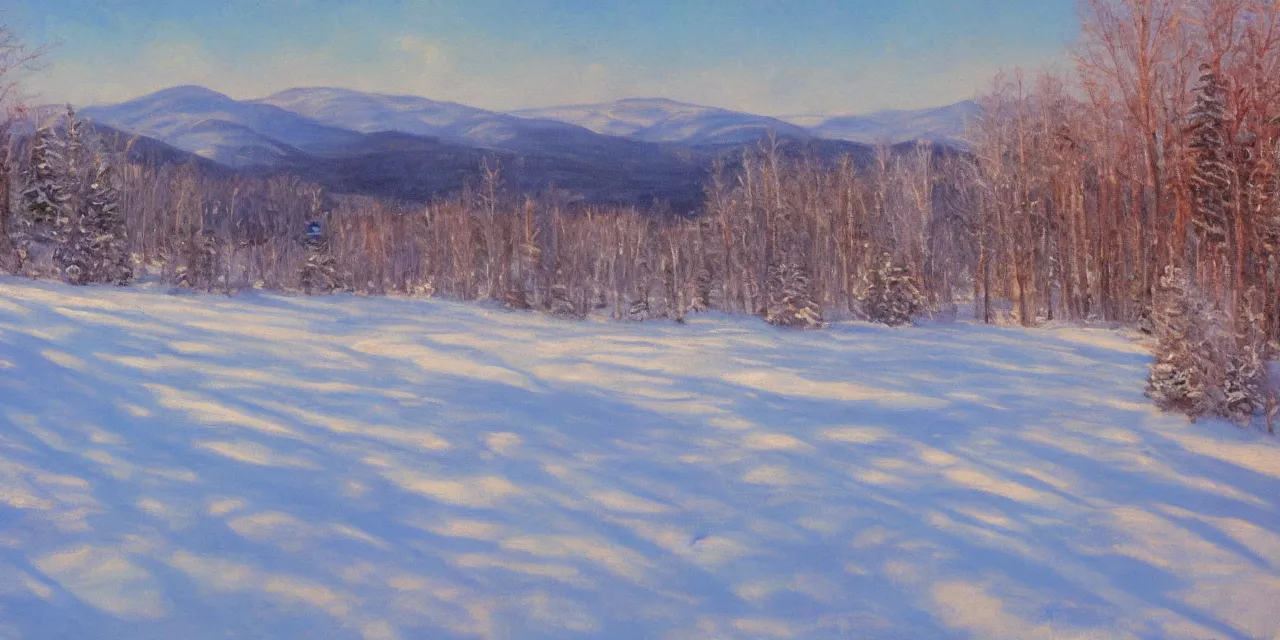Image similar to laurentian mountains in winter, impressionist landscape painting
