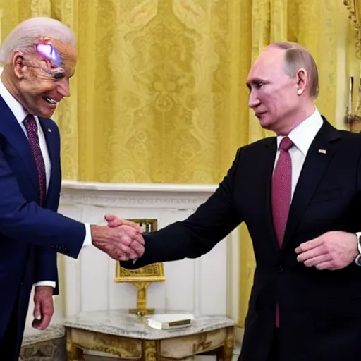 Prompt: biden and putin handshacking each other with a painful face