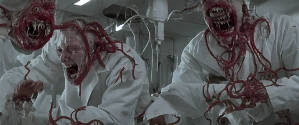 Image similar to filmic extreme close up shot movie still 4 k uhd interior 3 5 mm film color photograph of a twisted man with tentacles in a bloody lab coat grabbing a soldier who is screaming in terror by the arm in a lab in antartica, in the style of the horror film the thing 1 9 8 2