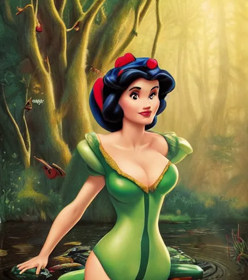 Prompt: Disney art of Salma Hayek as snow white in a forest on a frog pond, by artgerm, makoto sinkai, magali villeneuve, Gil Elvgren, Earl Moran,Enoch Bolles, symmetrical,