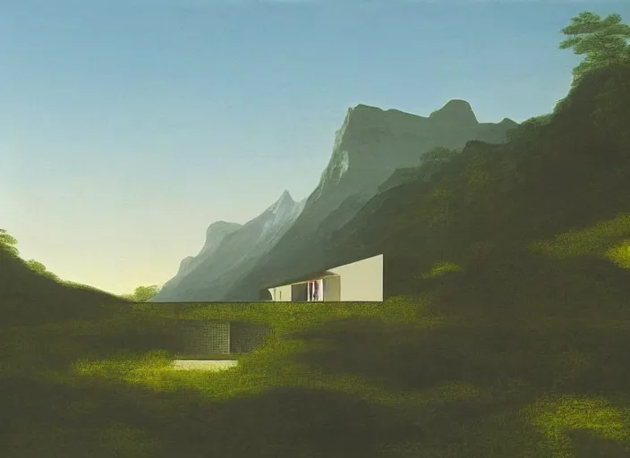 Prompt: painting of a tadao ando house in front of beautiful mountains by thomas cole