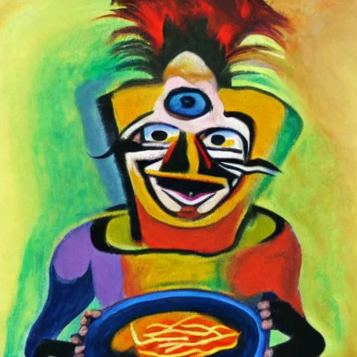 Image similar to expressionist painting of jim helwig the ultimate warrior wearing his signature face paint while lifting a gargantuan plate of tacos over his head, style of otto dix, hans mertens