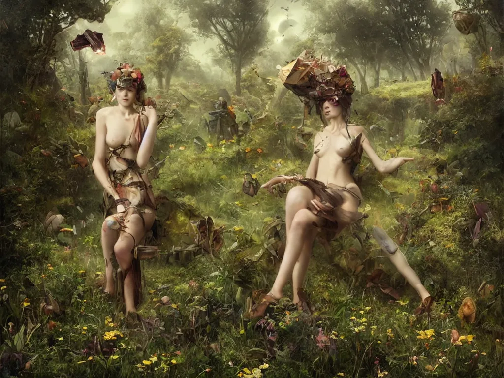 Image similar to a solarpunk very very very beautiful lush landscape of a the most beautiful nymph in a field are of broken stone words with cyborg workers picking up the broken stone and trying to put them back together, hyperrealistic, award-winning, masterpiece, in the style of Tom Bagshaw, Cedric Peyravernay, Peter Mohrbacher