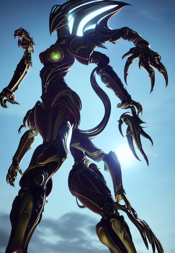 Prompt: highly detailed giantess shot, worms eye view, looking up at a giant goddess saryn prime female warframe, as a stunning beautiful anthropomorphic robot female dragon, with metal ears and LED eyes, posing elegantly over you, smooth thick warframe moa legs towering over you, sleek streamlined white armor, camera looking up, sharp robot dragon claws, proportionally accurate, two arms, two legs, giantess shot, ground view shot, cinematic low shot, massive scale, warframe fanart, destiny fanart, high quality, captura, 3D realistic, professional digital art, high end digital art, furry art, dragon art, macro art, warframe art, destiny art, giantess art, anthro art, DeviantArt, artstation, Furaffinity, 8k HD octane render, epic lighting, depth of field