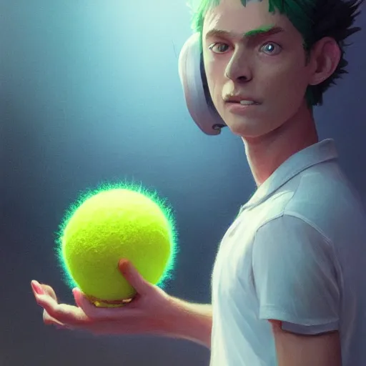 Image similar to highly detailed vfx portrait of a character of a tennis ball monster stephen bliss, chalk, unrealengine, greg rutkowski, loish, rhads, beeple, chalk, makoto shinkai and lois van baarle, ilya kuvshinov, rossdraws, tom bagshaw, basil gogos