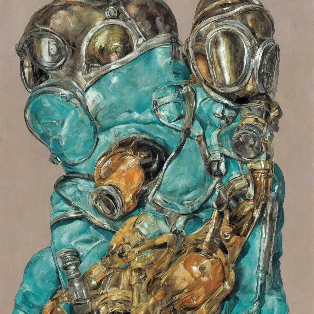 Image similar to high quality high detail painting by lucian freud, jenny savile, scifi soldier with gas mask, turquoise, hd