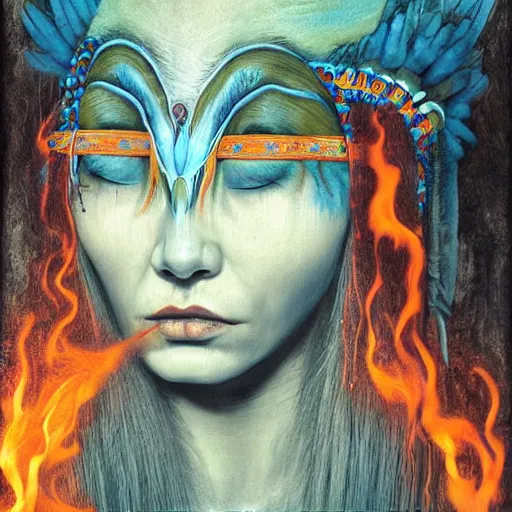 Image similar to A young blindfolded shaman woman with a decorated headband from which blood flows, in the style of heilung, blue hair and wood on her head. The background is a forest on fire, made by Esao Andrews and Karol Bak and Zdzislaw Beksinski,