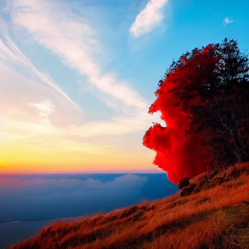 Image similar to a big red voluminous cloud, beautiful scenery, sun dawn, wild,