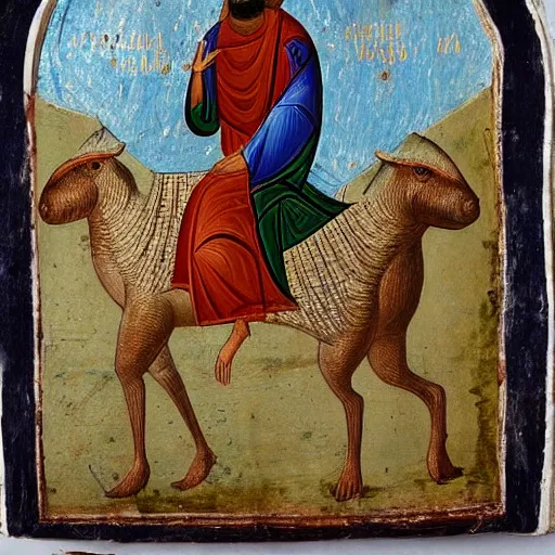 Prompt: byzantine art depicting jesus riding on the back of a giant capybara, very detailed, very intricate, white background,