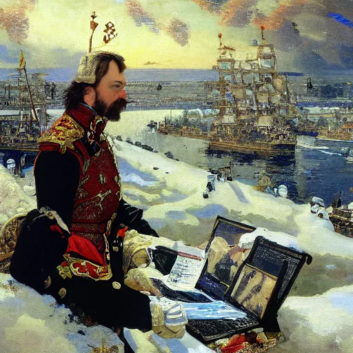 Image similar to russian tsar Peter The Great 18th century reinstalls operatins system on desktop computer by vasnetsov and surikov serov, JEAN-VICTOR BERTIN, by Terence Cuneo, detailed, artfully traced, 4k resolution, cinematic, dramatic