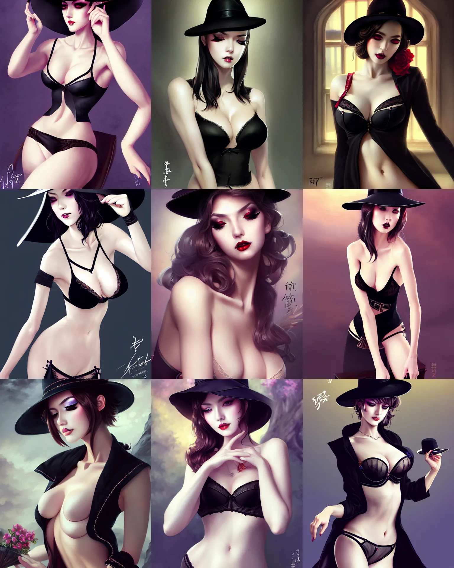 Prompt: lady with eyeliner makeup from genshin impact in fedora hat and black coat, seductive lingerie camisole, intricate, elegant confident pose, detailed background, illustration, highly detailed, art by wlop and artgerm and ross tran, masterpiece, fritz willis, charlie bowater, alberto mielgo