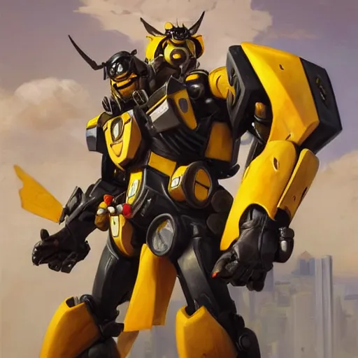 Image similar to greg manchess portrait painting of bumblebee the transformer as overwatch character, medium shot, asymmetrical, profile picture, organic painting, sunny day, matte painting, bold shapes, hard edges, street art, trending on artstation, by huang guangjian, gil elvgren, ruan jia, greg rutkowski, gaston bussiere