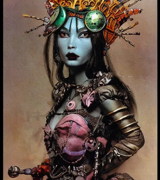 Image similar to princess of the wasteland, scrap metal headdress, strong line, vivid neon color, high contrast, beautiful! coherent! by brian froud, by frank frazetta, low angle