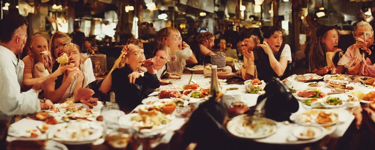 Prompt: a group of people licking from the same plate, food scattered all around, tension, canon 5 0 mm, cinematic lighting, photography, retro, film, kodachrome, closeup