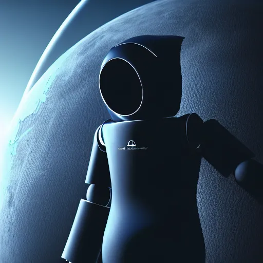 Prompt: a little cute robot flies around the earth. super realistic 8 k render of a dark hooded powerful elegant, cinematic composition