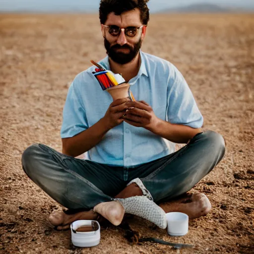 Prompt: portrait of a man wearing cameo, he ‘ s sitting in the desert eating some delicious crayons, beautiful composition, 5 0 mm f 1. 8, ambient light