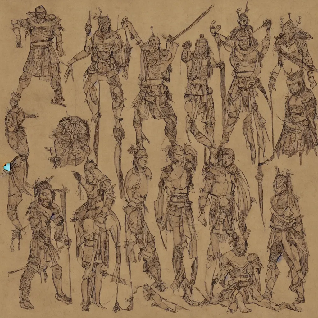 Image similar to warriors in ancient china anatomy sketch, marginalia, sepia tone, character sheet, vitruvian man, karuta armor, highly detailed, photorealistic