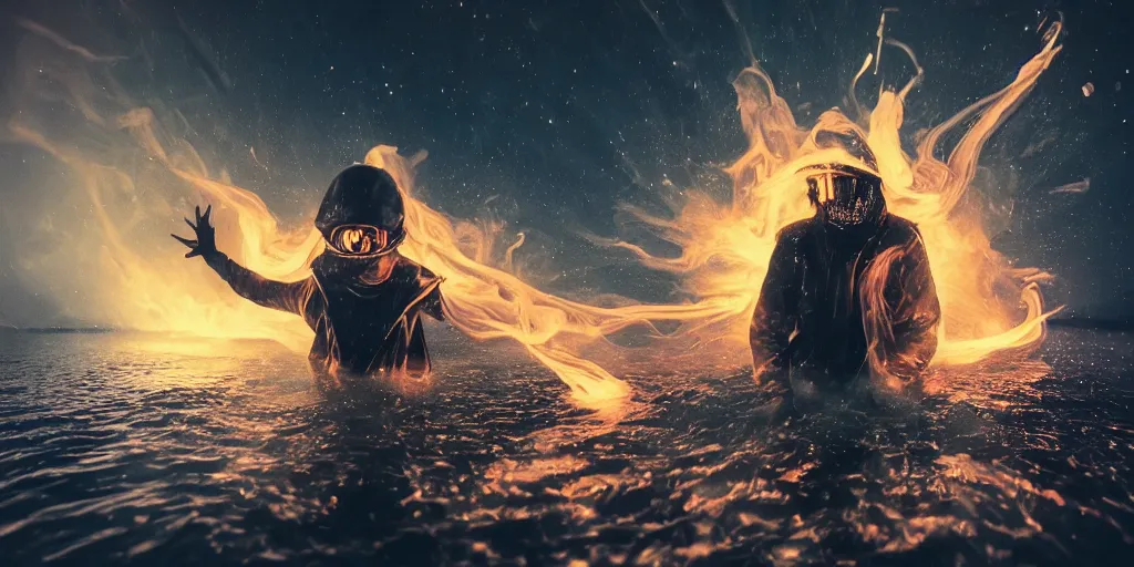 Image similar to VHS music video fisheye slow motion with lines fish shape of fire and smoke effect of futuristic break dancer wearing long dark cloak and golden helmet with X emitting fire and crystals, long exposure shot , enigmatic, at night half submerged by water, paddle of water, steam, fog, water splashes, rim lights, glossy reflections, water droplets on lens, octane render, Volumetric dynamic lighting, stunning cover magazine, high details, hajime sorayama