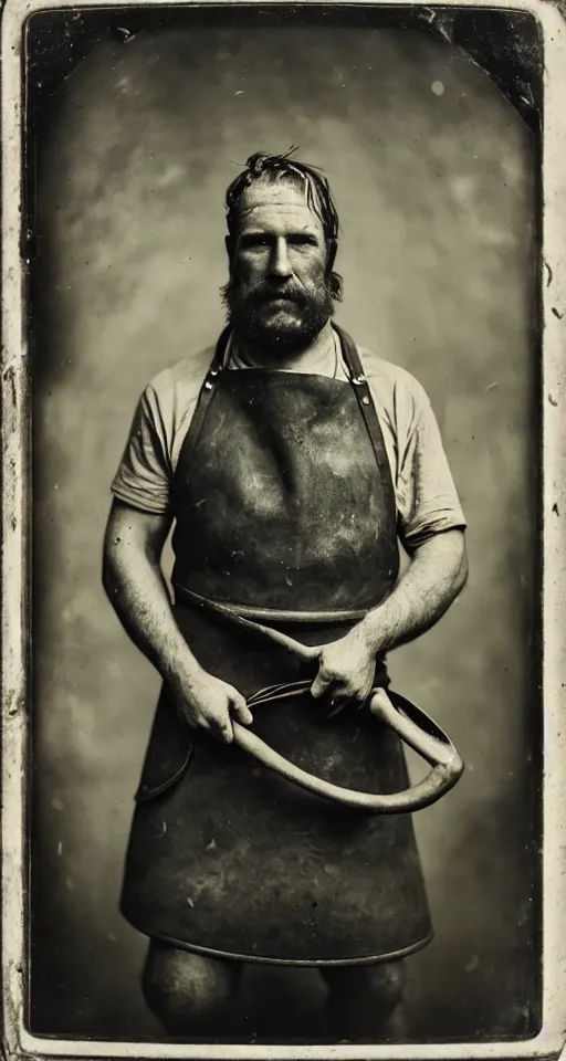 Image similar to a wet plate photograph, a portrait of a burly blacksmith in his apron