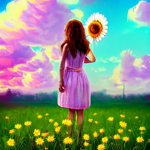 Image similar to daisy flower for a face, portrait of girl in flower field, holding daisy, surreal photography, sunrise, impressionist painting, colorful clouds, digital painting, artstation, simon stalenhag, flower face