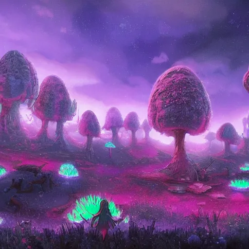 Image similar to concept art painting of a fantasy alien fungal landscape at night, magenta trees, glowing blue mushrooms, village of houses made of mushrooms, dark purple sky, realistic, detailed, cel shaded, in the style of makoto shinkai and greg rutkowski and albert bierstadt and james gurney