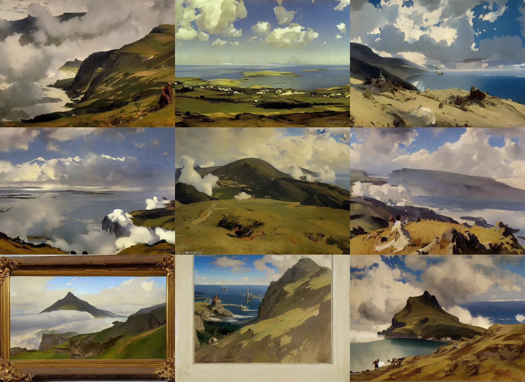 Prompt: painting by sargent leyendecker and gurney, vasnetsov, savrasov levitan polenov, middle ages, above the layered low clouds big lake wide river road to sea bay view faroe azores overcast