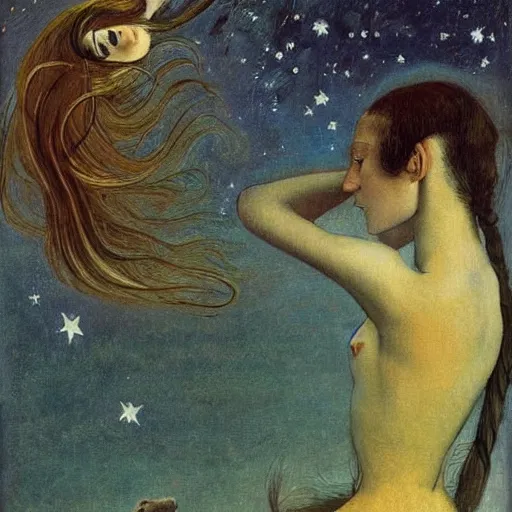 Image similar to A beautiful experimental art of a woman with long flowing hair, wild animals, and a dark, starry night sky. by Balthus quiet