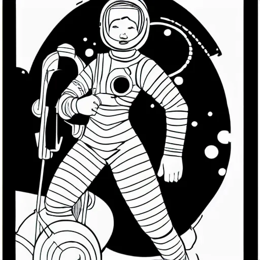 Image similar to clean simple line art of a woman wearing a space suit. no background. well composed, clean coloring book page, beautiful detailed face. coloring book line art by mike mignola