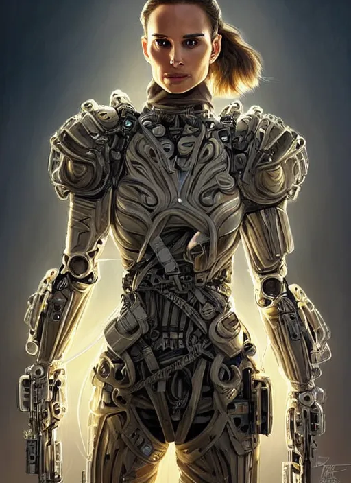 Prompt: portrait of a beautiful female soldier from the future wearing biomechanical armor, natalie portman, carrying a rifle, intricate, elegant, glowing lights in armor, highly detailed, digital painting, artstation, glamor pose, concept art, smooth, sharp focus, illustration, epic angle, art by artgerm and greg rutkowski, artey freytag, alvin schwartz