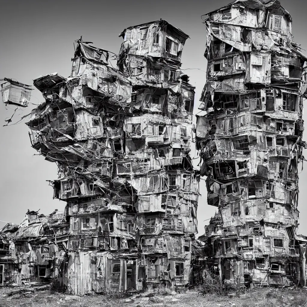 Image similar to a tower made up of makeshift squatter shacks, dystopia, sony a 7 r 3, f 1 1, fully frontal view, photographed by richard avedon, ultra detailed,